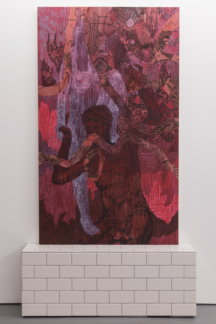 It could be easier together, 2015, 38 x 60 inches, acrylic on cotton. Tile stand, wood and ceramic tiles.