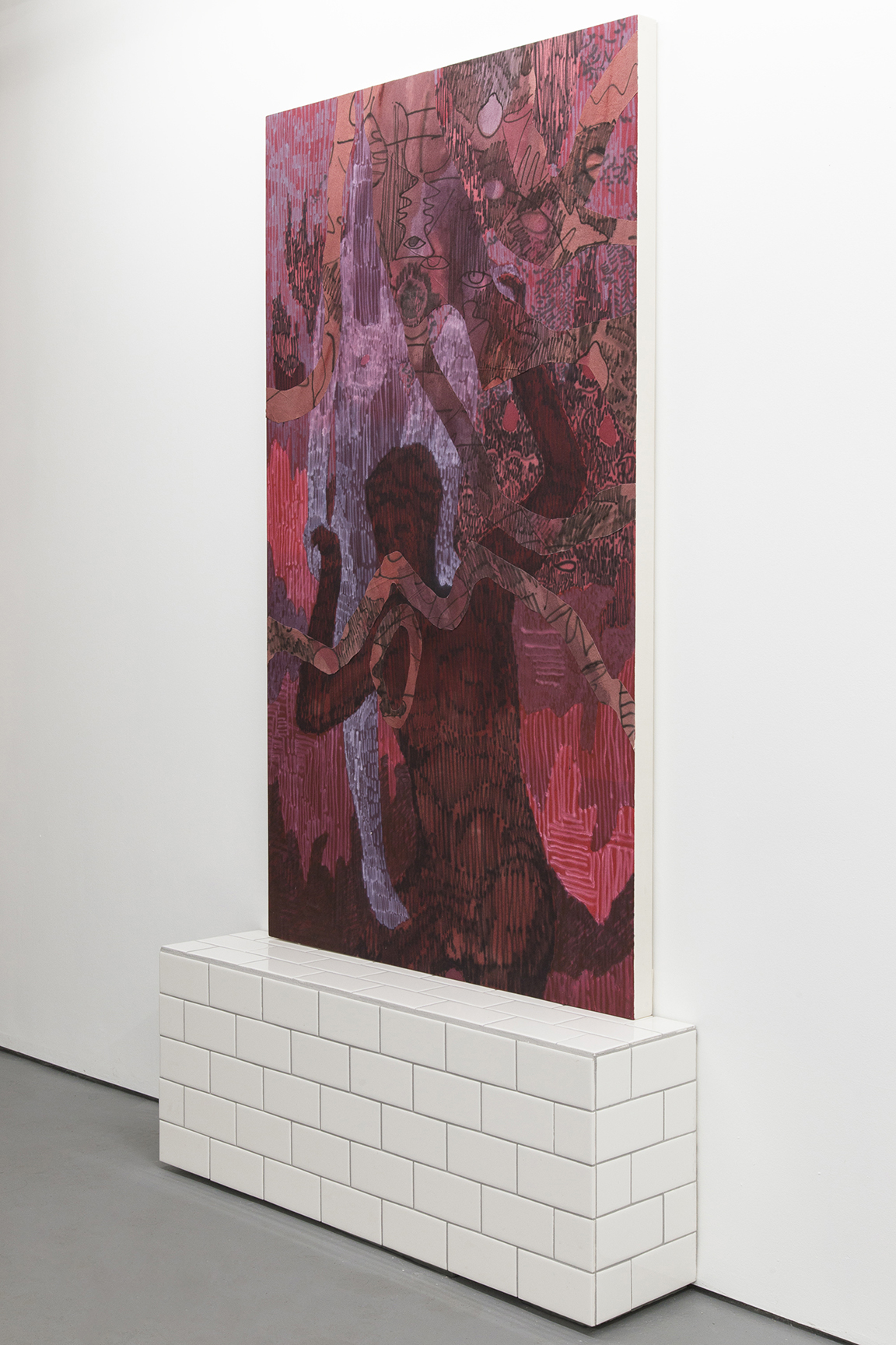 It could be easier together, 2015, 38 x 60 inches, acrylic on cotton. Tile stand, wood and ceramic tiles.