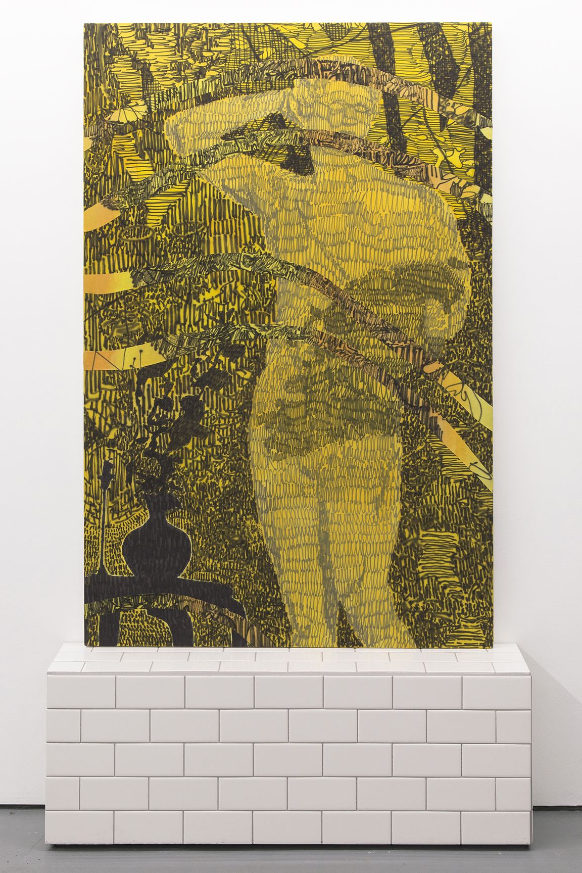 Himself being here, 2015, 38 x 60 inches, acrylic on cotton. Tile stand, wood and ceramic tiles.