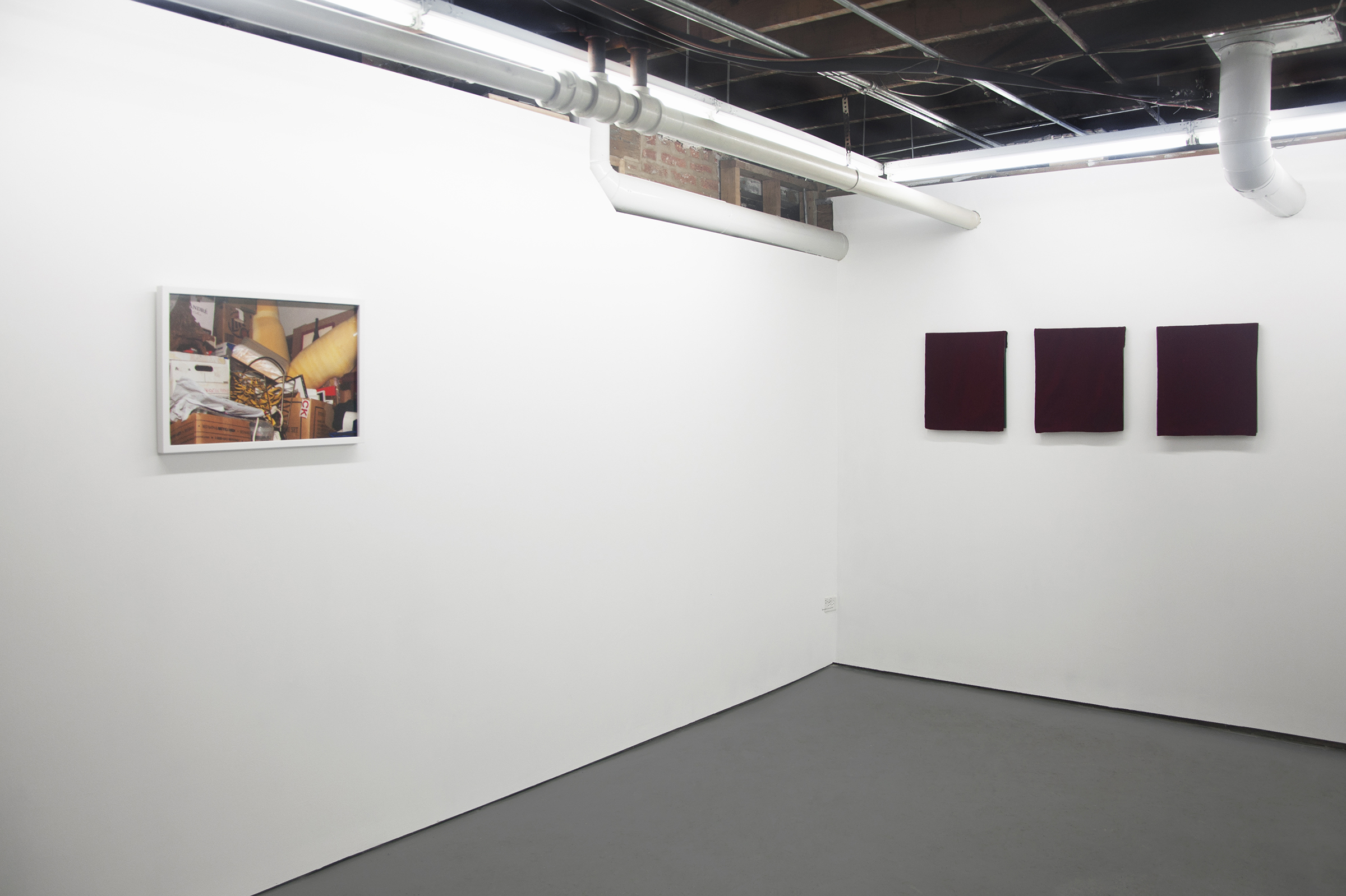 Frontward Tilt (from left to right), Ramsey Alderson, “Untitled”, 2015, Photograph; Jeremy Biles, “Ariadne's Thread”, 2015, digital print with graphite and wax crayon on newsprint with velvet veil; Jeremy Biles, “The Sensation of Time”, 2015, digital print with graphite, colored pencil, and collage on newsprint with velvet veil; Jeremy Biles, 2015, “Mirror of Tauromachy”, digital print with graphite, colored pencil, and semen on newsprint with velvet veil.