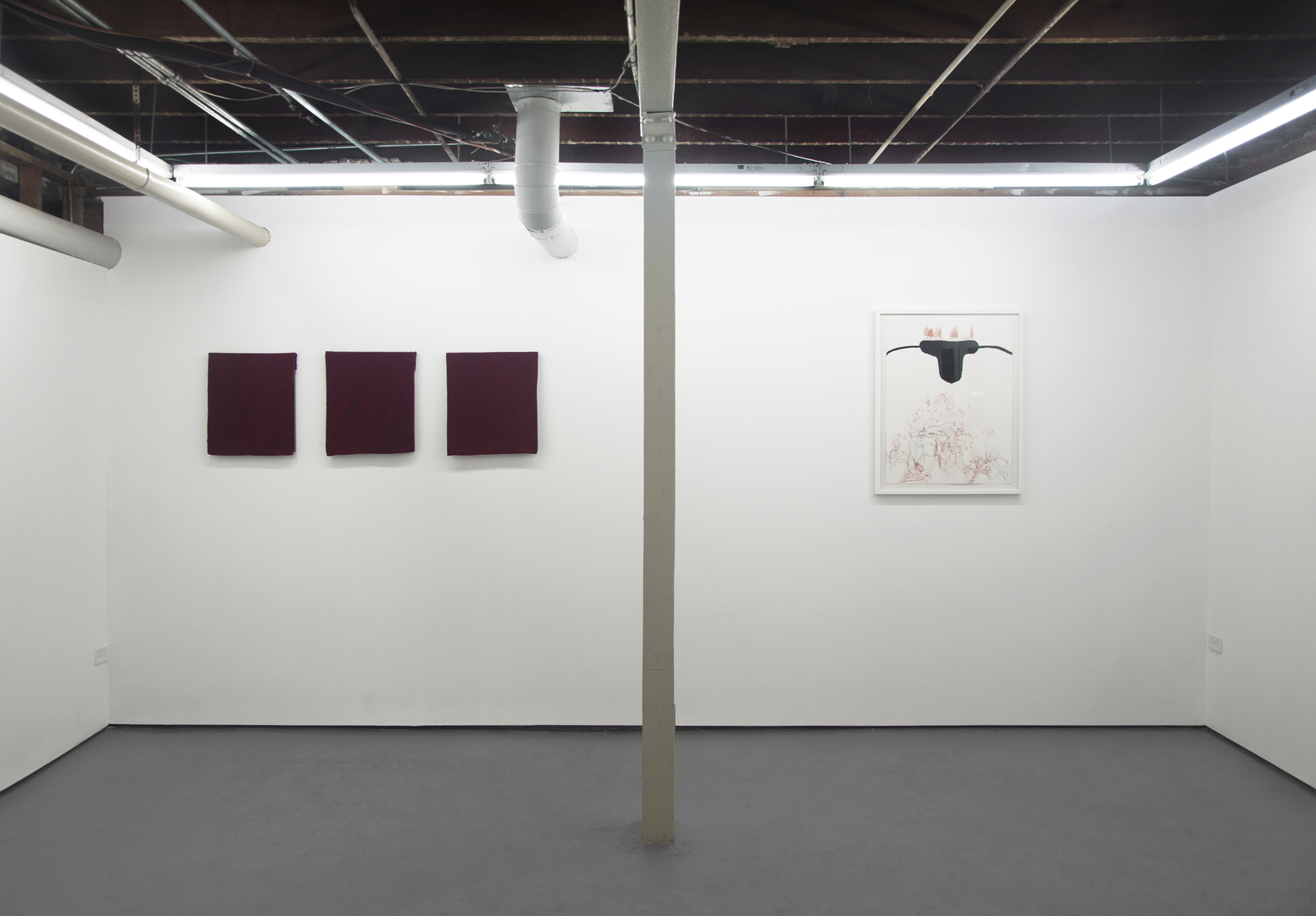 Frontward Tilt (from left to right), Jeremy Biles, “Ariadne's Thread”, 2015, digital print with graphite and wax crayon on newsprint with velvet veil; Jeremy Biles, “The Sensation of Time”, 2015, digital print with graphite, colored pencil, and collage on newsprint with velvet veil; Jeremy Biles, 2015, “Mirror of Tauromachy”, digital print with graphite, colored pencil, and semen on newsprint with velvet veil; Rebecca Walz + Ryan M. Pfeiffer, 2015, “The Annunciation”, Chalk Lead & Charcoal.
