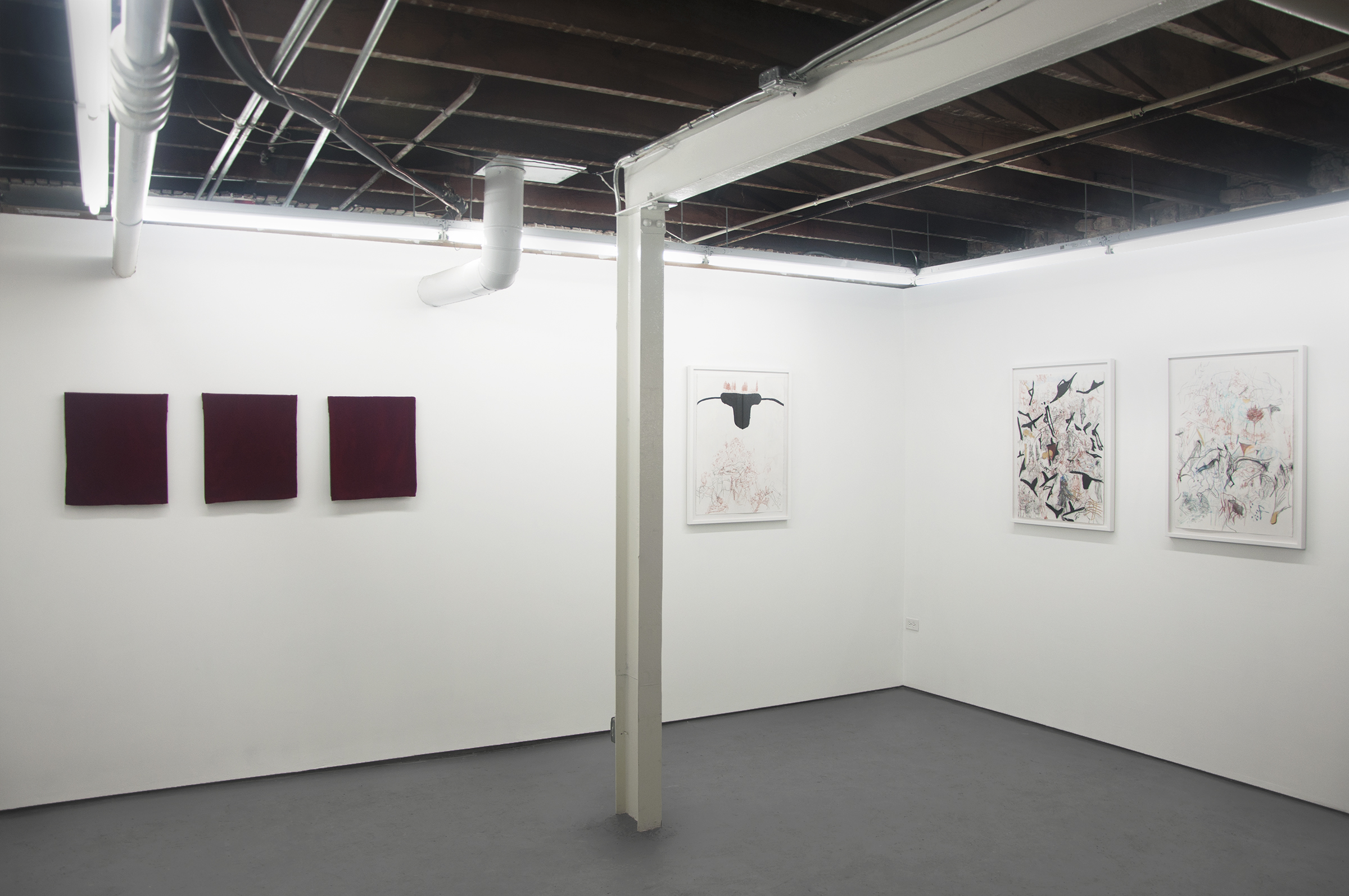 Frontward Tilt (from left to right), Jeremy Biles, “Ariadne's Thread”, 2015, digital print with graphite and wax crayon on newsprint with velvet veil; Jeremy Biles, “The Sensation of Time”, 2015, digital print with graphite, colored pencil, and collage on newsprint with velvet veil; Jeremy Biles, 2015, “Mirror of Tauromachy”, digital print with graphite, colored pencil, and semen on newsprint with velvet veil; Rebecca Walz + Ryan M. Pfeiffer, 2015, “The Annunciation”, Chalk Lead & Charcoal; Rebecca Walz + Ryan M. Pfeiffer, “The Labyrinth”, 2015, Graphite, Chalk Lead, Colored Pencil, Charcoal, Iron Oxide & Gold Leaf; Rebecca Walz + Ryan M. Pfeiffer, “The Adjustment”, 2015, Graphite, Chalk Lead, Water Color, Colored Pencil, Charcoal & Gold Leaf.