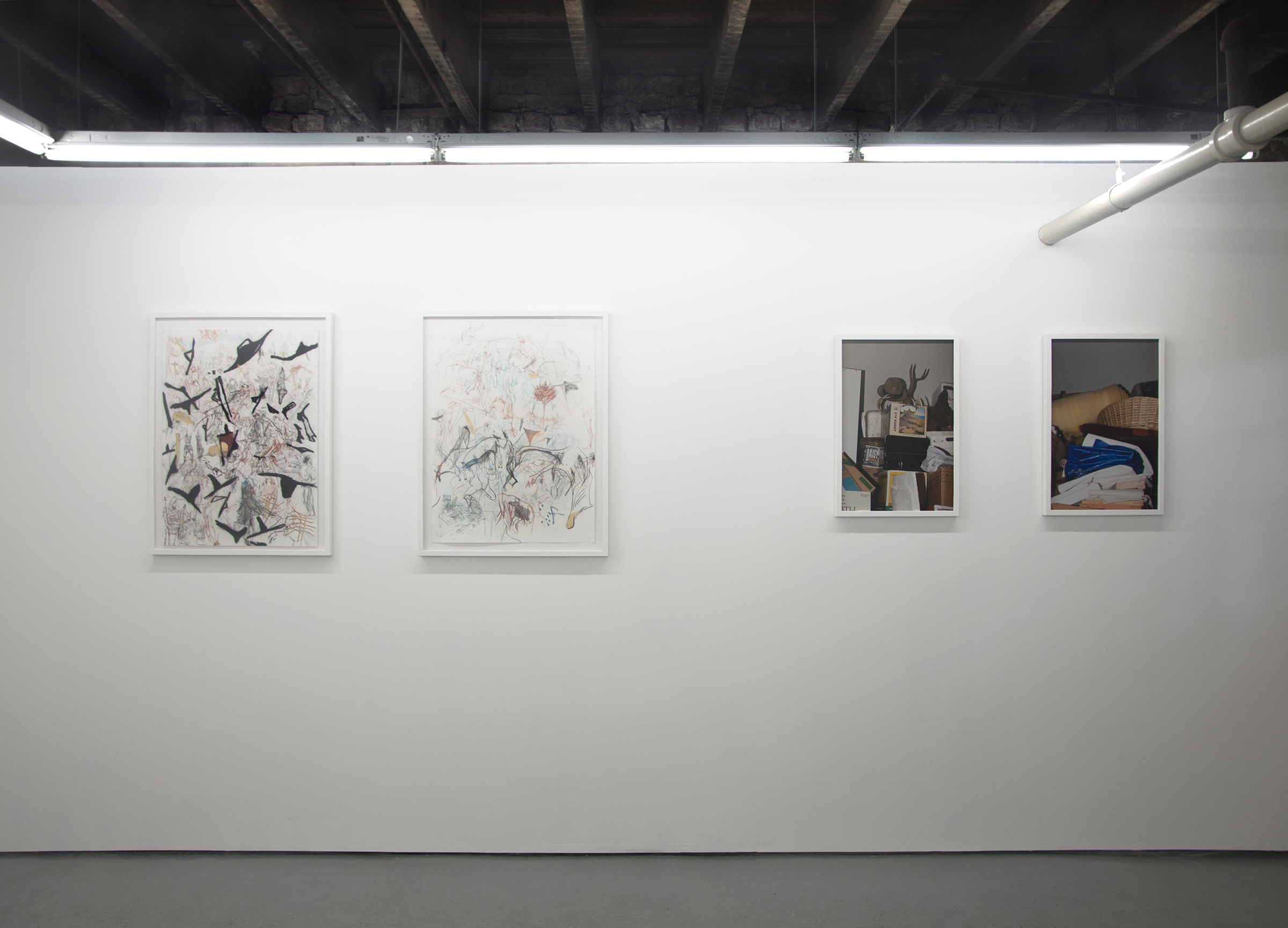 Frontward Tilt (from left to right), Rebecca Walz + Ryan M. Pfeiffer, “The Labyrinth”, 2015, Graphite, Chalk Lead, Colored Pencil, Charcoal, Iron Oxide & Gold Leaf; Rebecca Walz + Ryan M. Pfeiffer, “The Adjustment”, 2015, Graphite, Chalk Lead, Water Color, Colored Pencil, Charcoal & Gold Leaf; Ramsey Alderson, 2015, “Untitled”, Photograph; Ramsey Alderson, 2015, “Untitled”, Photograph.