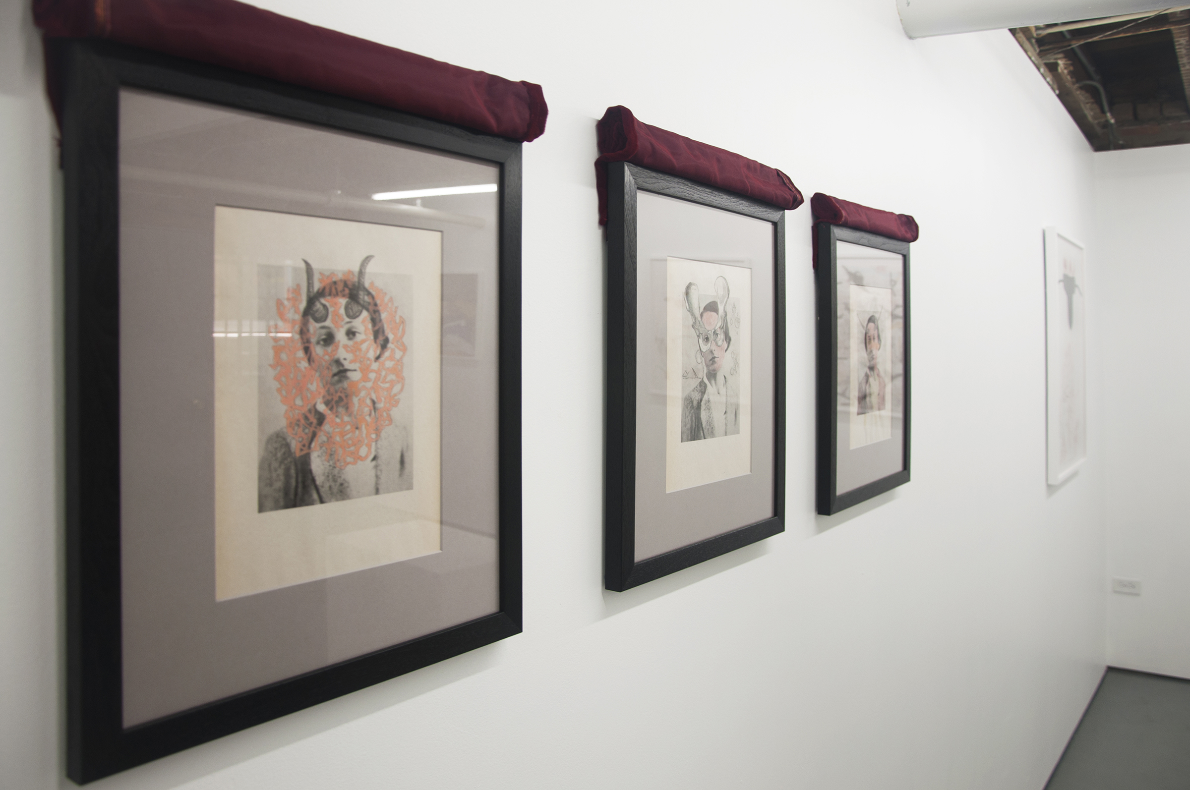 Frontward Tilt (from left to right), Jeremy Biles, “Ariadne's Thread”, 2015, digital print with graphite and wax crayon on newsprint with velvet veil; Jeremy Biles, “The Sensation of Time”, 2015, digital print with graphite, colored pencil, and collage on newsprint with velvet veil; Jeremy Biles, 2015, “Mirror of Tauromachy”, digital print with graphite, colored pencil, and semen on newsprint with velvet veil.