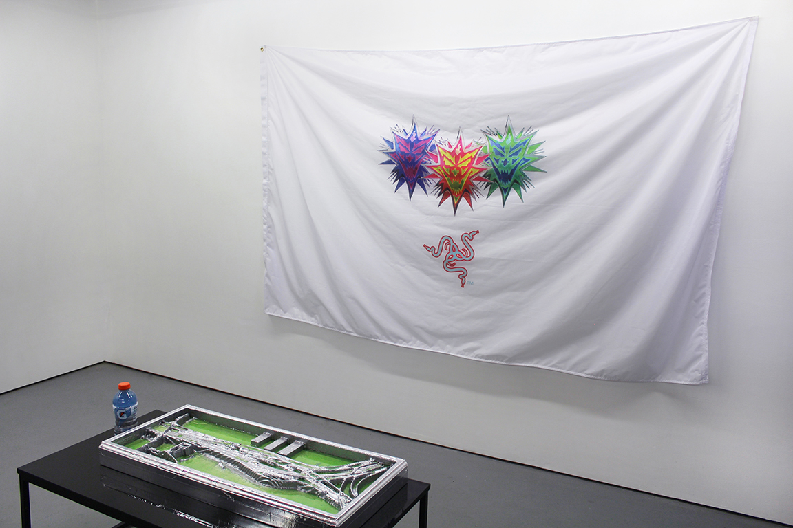 Flag, 2016, nylon, ink, grommets. Tentacles Longer Than Night (3), 2016, polyurethane insulation foam, epoxy, enamel, acrylic, steel.